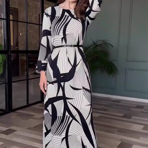 This Women's Autumn Fashion Chic Elegant Printed Long Sleeve Split Midi Dress Design Made Of High Quality Polyster And Spandex Material. It Is Stretchy