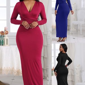 This Women's Autumn Fashion Sexy v-Neck Slim Pleated Solid Color Long-Sleeved Dress Design Made Of High Quality Polyster And Spandex Material