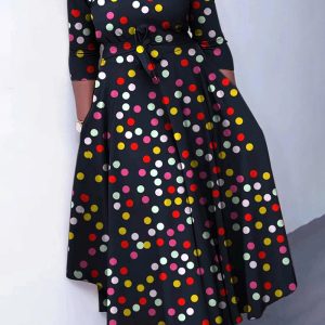 This Women's Autumn Plus Size Fashion Print Chic Elegant Belted Slim Waist Swing Dress Design Made Of High Quality Polyster And Spandex Material