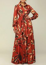 This Women's Autumn Turndown Collar Belted Fashion Printed Long Sleeve Shirt Dress Long Dress Design Made Of High Quality Polyster And Spandex Material