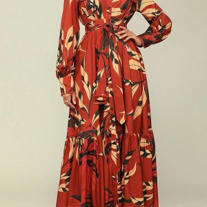 This Women's Autumn Turndown Collar Belted Fashion Printed Long Sleeve Shirt Dress Long Dress Design Made Of High Quality Polyster And Spandex Material