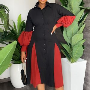 This Women's Autumn Winter Long Sleeve Shirt Color Block Dress Design Made Of High Quality Polyster And Spandex Material