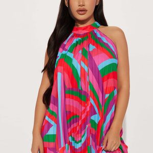 This Women's Beach Dress Off Shoulder Sleeveless Printed Pleated Dress Design Made Of High Quality Polyster And Spandex Material. It Is Stretchy