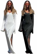 This Women's Bell Bottom Sleeve v-Neck Slit Long Dress Sexy Slim Dress Design Made Of High Quality Polyster And Spandex Material