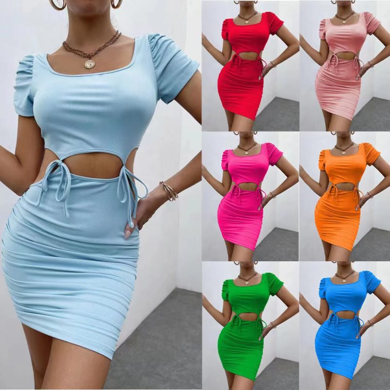 This Women's Blue Dress Short Sleeve Bodycon Tight Fitting Short Skirt Design Made Of High Quality Polyster And Spandex Material. It Is Stretchy