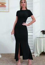 This Women's Chic Career Round Neck Short Sleeve Slim Slit Women's Dress Design Made Of High Quality Polyster And Spandex Material. It Is Stretchy