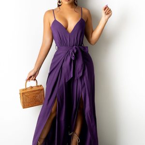 This Women's Clothes Summer Solid Color Wide Leg Slit Straps Jumpsuit With Belt Design Made Of High Quality Polyster And Spandex Material