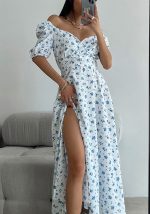 This Women's Clothing Sexy v-Neck Puff Sleeves French Elegant Floral Dress Design Made Of High Quality Polyster And Spandex Material