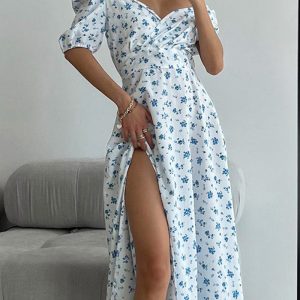 This Women's Clothing Sexy v-Neck Puff Sleeves French Elegant Floral Dress Design Made Of High Quality Polyster And Spandex Material