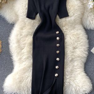 This Women's Clothing Simple Solid Color Breasted Slim Short Sleeves Knitting Slit Bodycon Dress Combine The Warm And Fashion. It Is a Must-Have Item For This Winter. Sweater Dresses For Women At Global Lover Comes For Different Occasions - Daily Life