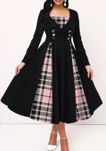 This Women's Contrast Plaid Patchwork Double-Breasted Long Sleeve Slim Fit Dress Design Made Of High Quality Polyster And Spandex Material. It Come With Good Stretch And Wearing Comfortable. Women¡¯s Midi Dresses Is Omnipotent And Suit For All Kinds Of Occasions - Daily Wear