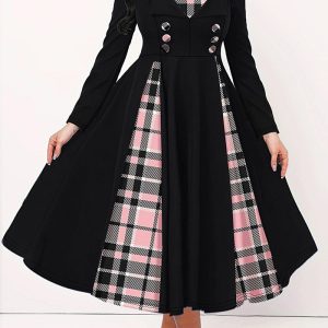 This Women's Contrast Plaid Patchwork Double-Breasted Long Sleeve Slim Fit Dress Design Made Of High Quality Polyster And Spandex Material. It Come With Good Stretch And Wearing Comfortable. Women¡¯s Midi Dresses Is Omnipotent And Suit For All Kinds Of Occasions - Daily Wear