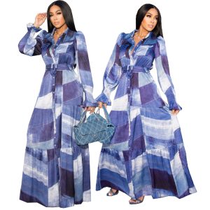 This Women's Contrasting Color Long Sleeve Button Cardigan Long Dress With Belt Design Made Of High Quality Polyster And Spandex Material