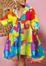 This Women's Deep v Turndown Collar Multi-Color Shirt Loose Fashion Printed Dress Made Of Soft And Elastic Fabric. Global Lover Wholesale Plus Size Dresses And Hope Curvy Ladies Find Here a Warm And Exciting Place To Shop Affordable Curvy Dresses Online - Plus Size Casual