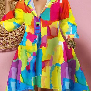 This Women's Deep v Turndown Collar Multi-Color Shirt Loose Fashion Printed Dress Made Of Soft And Elastic Fabric. Global Lover Wholesale Plus Size Dresses And Hope Curvy Ladies Find Here a Warm And Exciting Place To Shop Affordable Curvy Dresses Online - Plus Size Casual