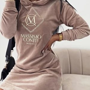 This Women's Dress Brown Letter Embroidered Casual Hoodies Skirt Design Made Of High Quality Polyster And Spandex Material. It Is Stretchy