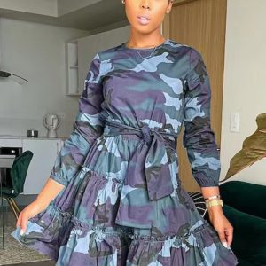 This Women's Dress Long Sleeve Camouflage Print a-Line Dress. Cascading Ruffles Dress With Belt Design Made Of High Quality Polyster And Spandex Material. It Is Stretchy