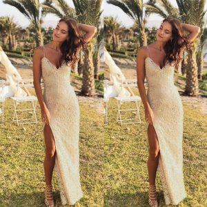 This Women's Dress Sexy Deep v Sling Slit a-Line Lace Long Dress Design Made Of High Quality Polyster And Spandex Material