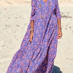 This Women's Early Autumn Fashion v-Neck Print Casual Beach Swing Dress Design Made Of High Quality Polyster And Spandex Material