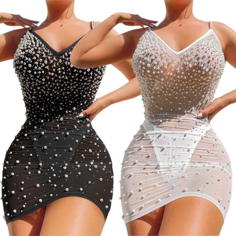 This Women's Elegant Sexy Mesh See-Through Low Back Sling Beaded Dress Design Made Of High Quality Polyster And Spandex Material