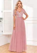 This Women's Elegant Short Sleeve Sequin Patchwork v-Neck a-Line Evening Gown Design Made Of High Level Material