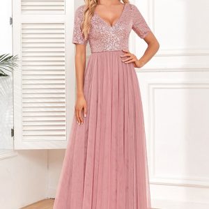 This Women's Elegant Short Sleeve Sequin Patchwork v-Neck a-Line Evening Gown Design Made Of High Level Material