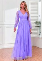 This Women's Elegant v-Neck See-Through Long Sleeves Sheer Glitter Evening Gown a-Line Wedding Party Dress Design Made Of Good Quality Polyster And Spandex Material