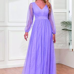 This Women's Elegant v-Neck See-Through Long Sleeves Sheer Glitter Evening Gown a-Line Wedding Party Dress Design Made Of Good Quality Polyster And Spandex Material