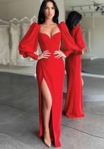 This Women's Fall Chic Plunging Puff Sleeve High Waist Long Gown Dress Design Made Of Good Quality Polyster And Spandex Material