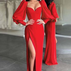 This Women's Fall Chic Plunging Puff Sleeve High Waist Long Gown Dress Design Made Of Good Quality Polyster And Spandex Material