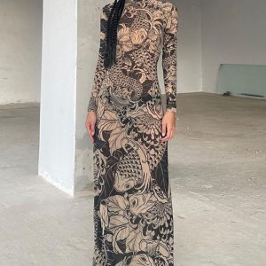 Diese Frauen Herbst Mode Stil Mesh Print See-Through Rollkragen schlankes Kleid Design aus hochwertigem Polyster und Spandex Material gemacht