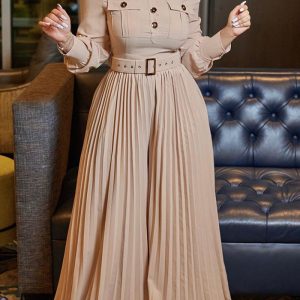 This Women's Fall Winter Long Sleeve Casual Loose Pleated Wide Leg Jumpsuit With Belt Design Made Of High Quality Polyster And Spandex Material. It Is Stretchy