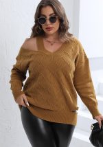 This Women's Fall Winter Pullover Tops Plus Size Women's Style Cutout Shoulder Knit v Neck Sweater Made Of Comfortable And Elastic Fabric. It Is Wholesale Sexy Plus Size Tops For Women. With The Gradual Rise Of Feminist Awareness