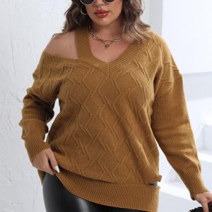 This Women's Fall Winter Pullover Tops Plus Size Women's Style Cutout Shoulder Knit v Neck Sweater Made Of Comfortable And Elastic Fabric. It Is Wholesale Sexy Plus Size Tops For Women. With The Gradual Rise Of Feminist Awareness