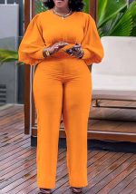 This Women's Fall/Winter Round Neck Puff Chic Wide Leg Jumpsuit Design Made Of High Quality Polyster And Spandex Material. It Is Stretchy