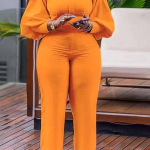 This Women's Fall/Winter Round Neck Puff Chic Wide Leg Jumpsuit Design Made Of High Quality Polyster And Spandex Material. It Is Stretchy