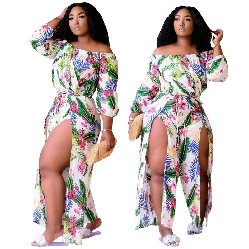 This Women's Fashion Beach Print Off Shoulder Loose Split Jumpsuit Design Made Of High Quality Polyster And Spandex Material. It Is Stretchy