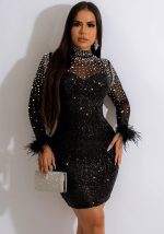 This Women's Fashion Beaded See-Through Long Sleeve Feather Dress Design Made Of High Quality Polyster And Spandex Material