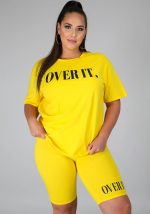 This Women's Fashion Letter Ruber Print Solid Round Neck Short Sleeve Shorts Casual Women's Tracksuit Design And Made Of Comfortable And Elastic Fabric. Wholesale Plus Size Two Piece Sets Is a Must-Have Item For Curvy Ladies. Two Piece Sets Can Either Be Worn Together Or Individually