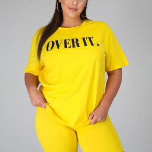 This Women's Fashion Letter Ruber Print Solid Round Neck Short Sleeve Shorts Casual Women's Tracksuit Design And Made Of Comfortable And Elastic Fabric. Wholesale Plus Size Two Piece Sets Is a Must-Have Item For Curvy Ladies. Two Piece Sets Can Either Be Worn Together Or Individually