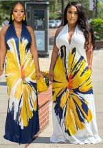 This Women's Fashion Low Back Halter Neck Gown Print Maxi Dress Design Made Of High Quality Polyster And Spandex Material