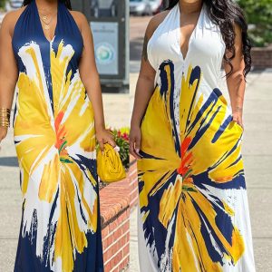 This Women's Fashion Low Back Halter Neck Gown Print Maxi Dress Design Made Of High Quality Polyster And Spandex Material