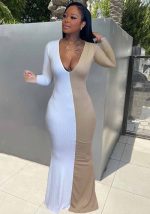 This Women's Fashion Sexy Solid Color Contrast Patchwork v-Neck Elastic High Waist Long Sleeve Dress Design Made Of High Quality Polyster And Spandex Material