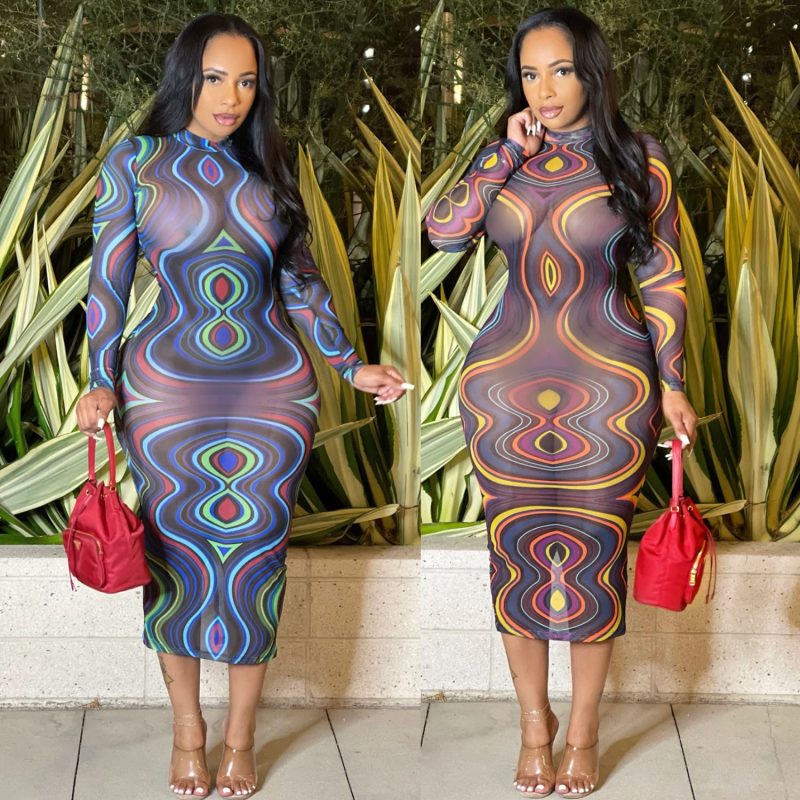 This Women's Fashion Sexy Tight Fitting Long Sleeve Mesh Print See-Through Midi Dress Design Made Of High Quality Polyster And Spandex Material. It Come With Good Stretch And Wearing Comfortable. Women¡¯s Midi Dresses Is Omnipotent And Suit For All Kinds Of Occasions - Daily Wear