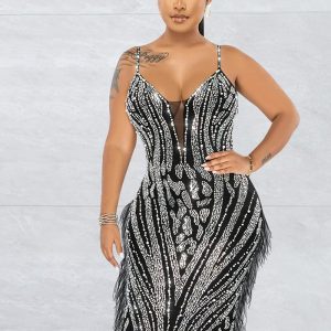 This Women's Fashion Solid Color Camisole Sleeveless Mesh Beaded Maxi Dress Design Made Of High Quality Polyster And Spandex Material