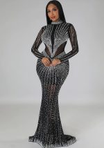 This Women's Fashion Solid Color Mesh Beaded Long Sleeve Maxi Dress Design Made Of High Quality Polyster And Spandex Material