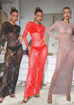 This Women's Fashion Solid Color Mesh Beaded Long Sleeve Maxi Dress Design Made Of High Quality Polyster And Spandex Material