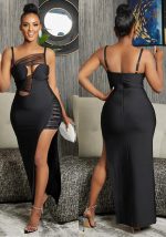 This Women's Fashion Solid Color Mesh Hollow Straps Long Dress Design Made Of Good Quality Polyster And Spandex Material