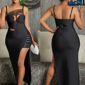 This Women's Fashion Solid Color Mesh Hollow Straps Long Dress Design Made Of Good Quality Polyster And Spandex Material