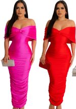 This Women's Fashion Solid Color Ruched Sexy Off Shoulder Slim Long Dress For Women Design Made Of Good Quality Polyster And Spandex Material